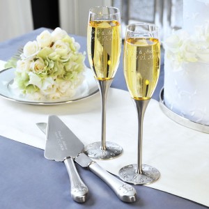 Silver Parisian Romance Champagne Flutes & Cake Server Set Wedding Champagne Flutes & Cake Server Set